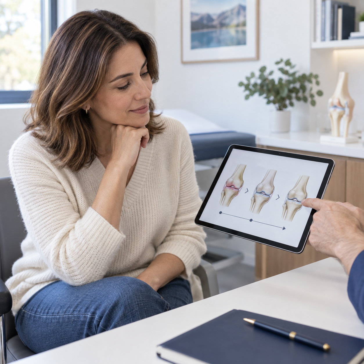 Médico ortopedista revisando con una paciente el progreso de su tratamiento